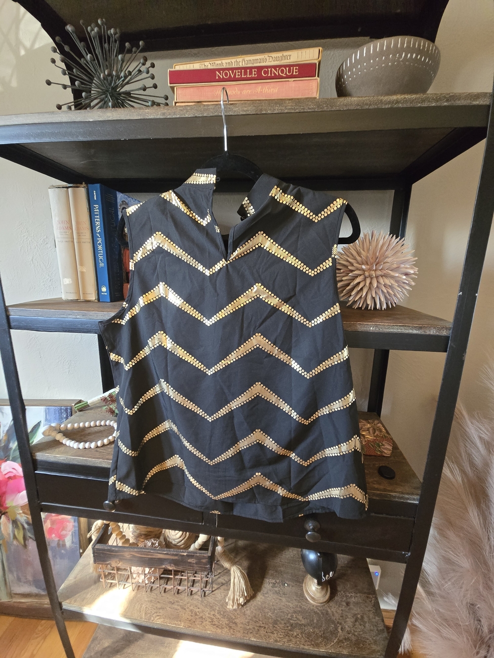 Black Sleeveless Top with Gold Chevron Sequin Stripes